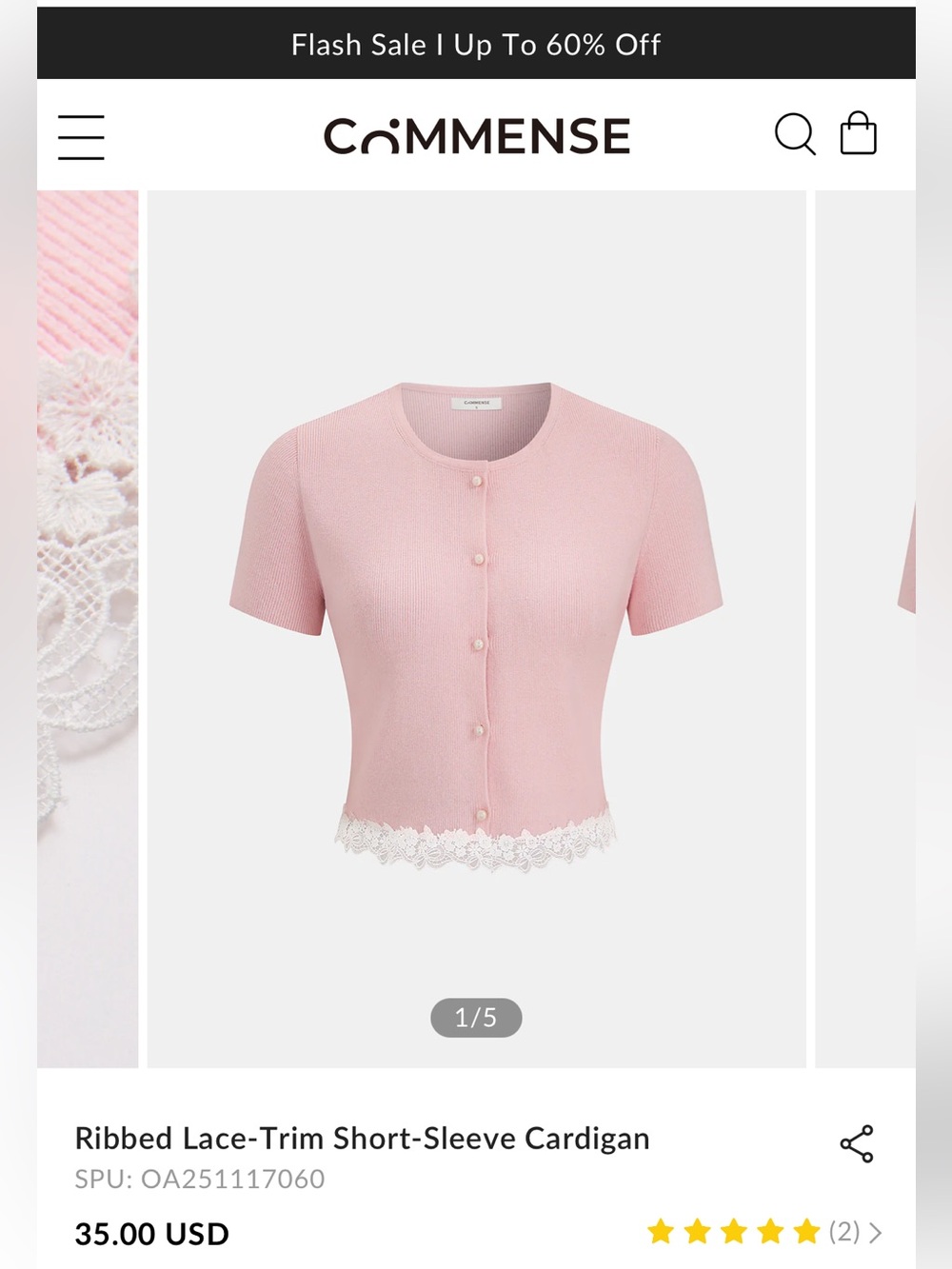 NWT Commense Pink Ribbed Lace-Trim Short Sleeve Cardigan